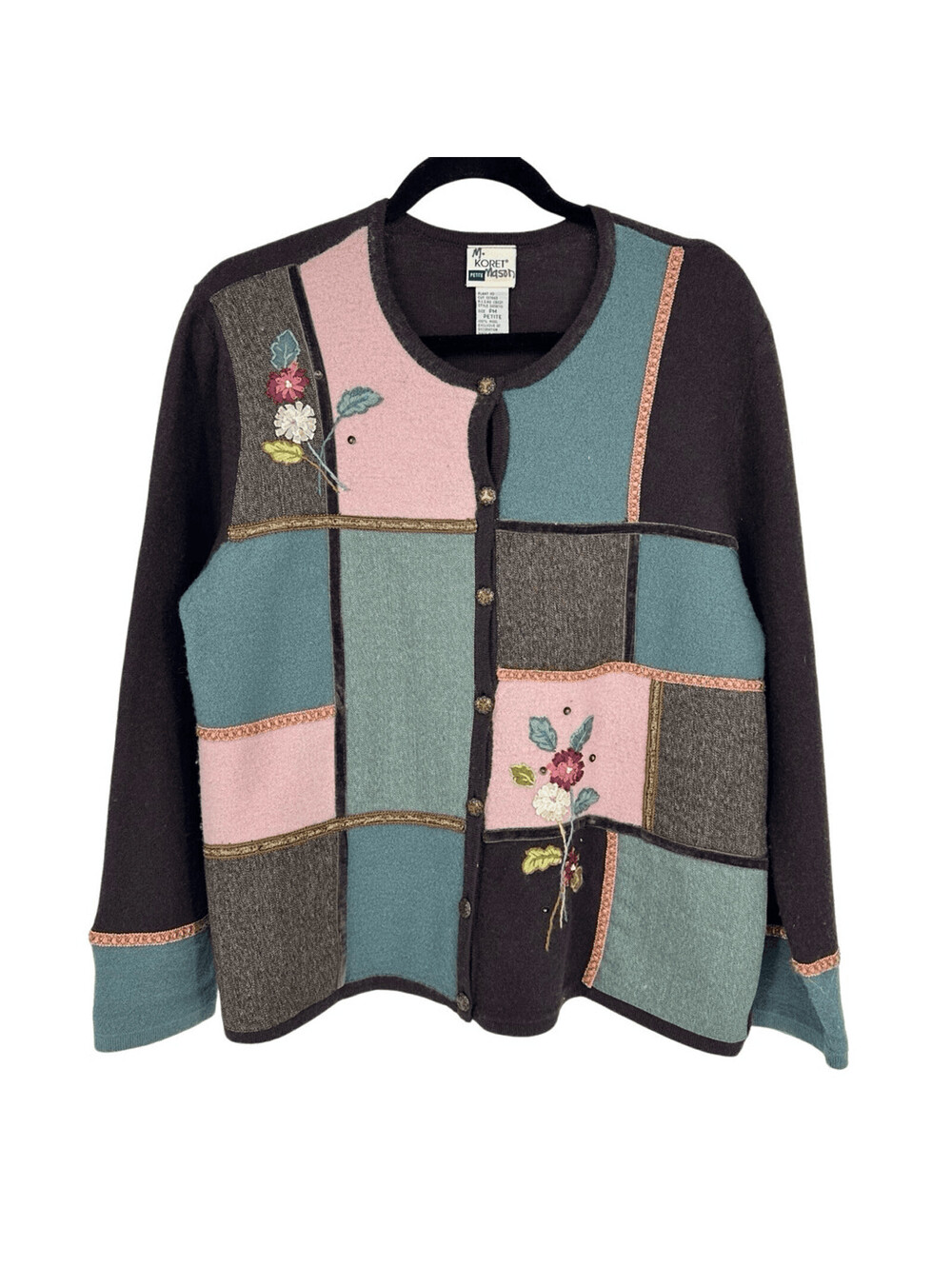 Koret Petite Wool Cardigan Sweater Patchwork Floral Embroidered Cottagecore - Picture 2 of 12